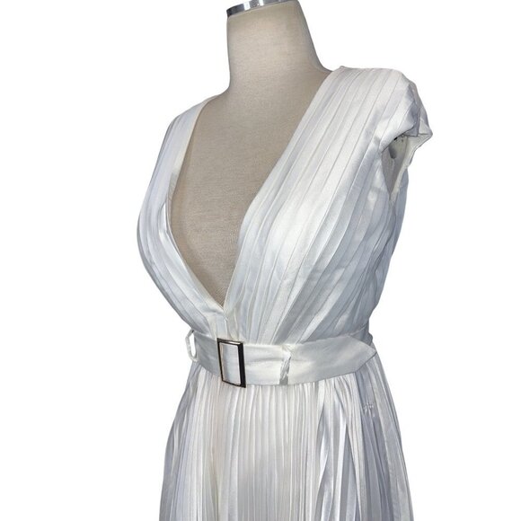 Ieena for Mac Duggal Pleated Cap Sleeve Belted A-Line Midi Dress in White Formal - Picture 5 of 9
